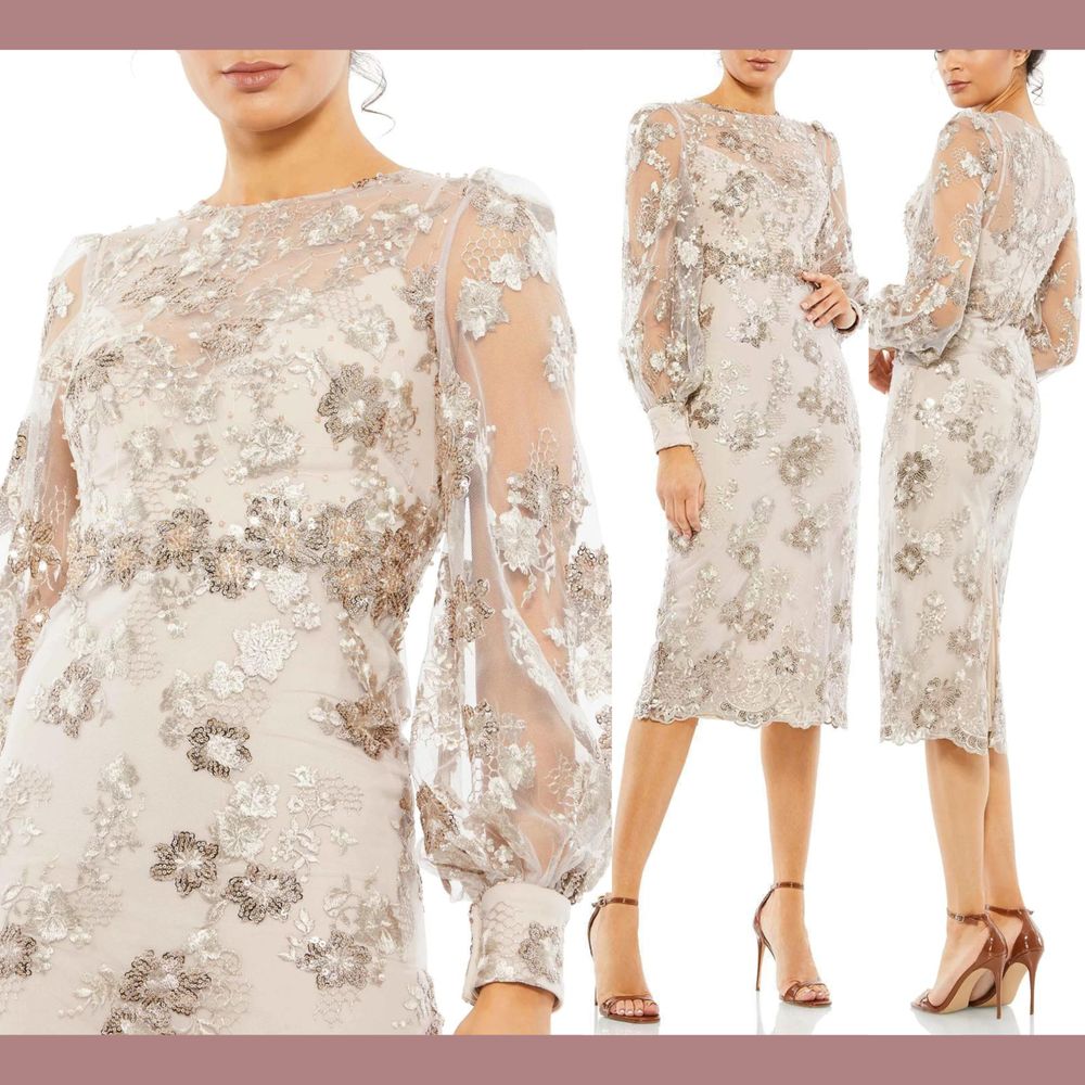 Nwt$498 Mac Duggal [ 8 ] 70237 Embellished High Neck Long Sleeve Midi Dress Q790